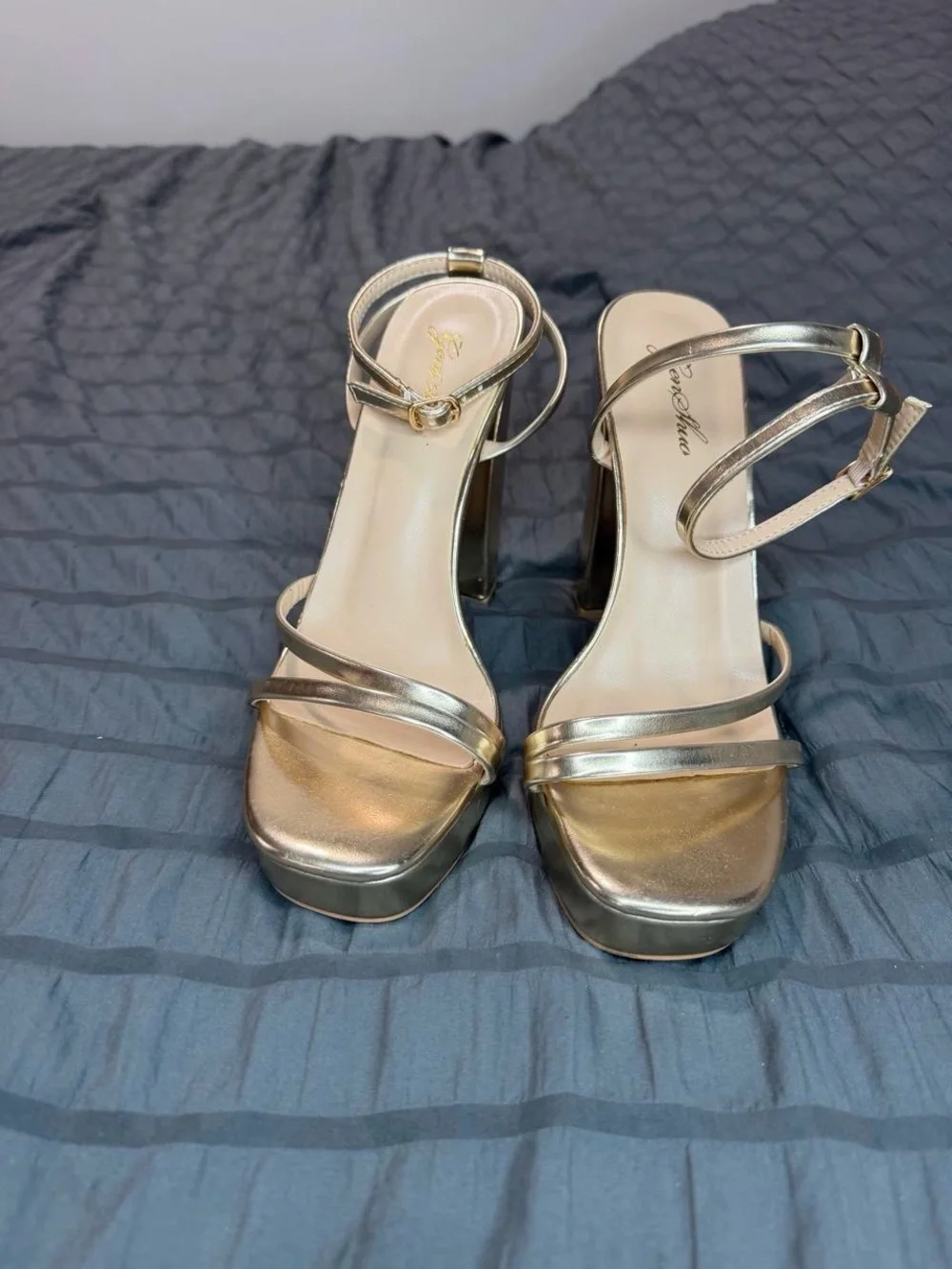 Metallic Gold Platform Block Heel Sandals with Ankle Chain